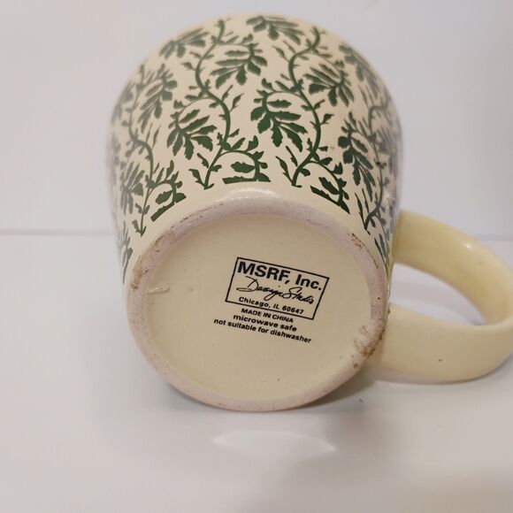 Vtg Roscher Ambiance Coffee Mugs Stoneware Green Cream Floral Leaves Cups - Picture 6 of 12